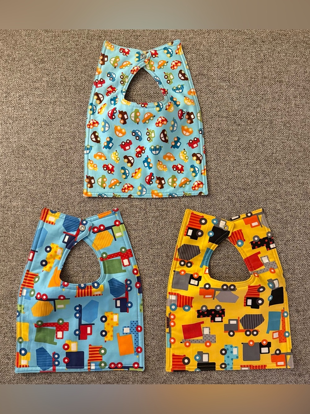 Set of 3 NEW hand-sewn bibs - Dump Trucks/Trucks/Cars